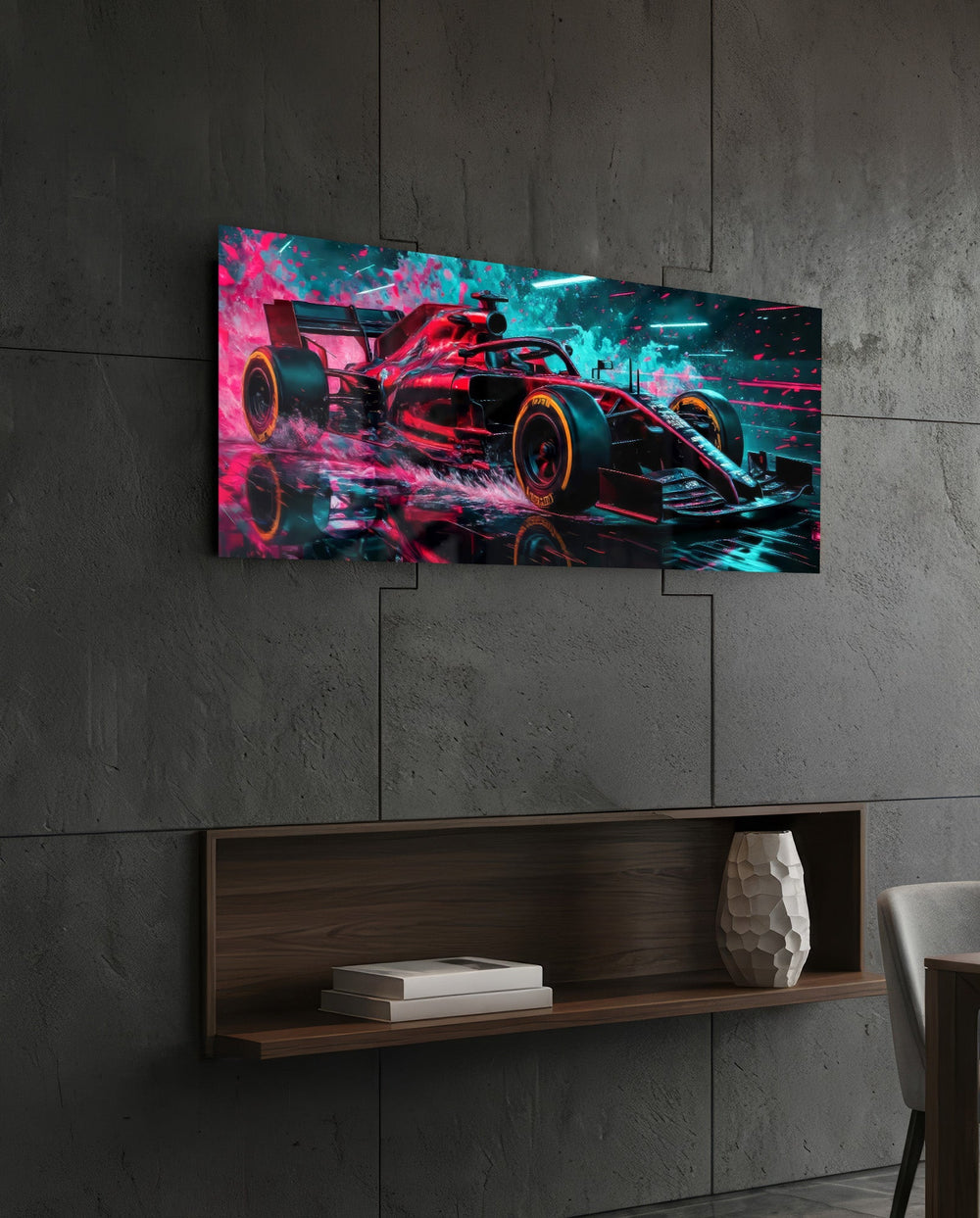 Crimson Racing Car Neon Splash Glass Wall Art (36"x14")