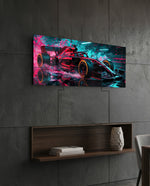 Crimson Racing Car Neon Splash Glass Wall Art (36"x14")