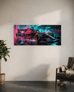 A red single-seat open-wheel race car in side profile speeding through a spray of pink and teal neon light panoramic glass wall art C