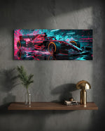 A red single-seat open-wheel race car in side profile speeding through a spray of pink and teal neon light panoramic glass wall art D