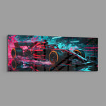 A red single-seat open-wheel race car in side profile speeding through a spray of pink and teal neon light panoramic glass wall art E