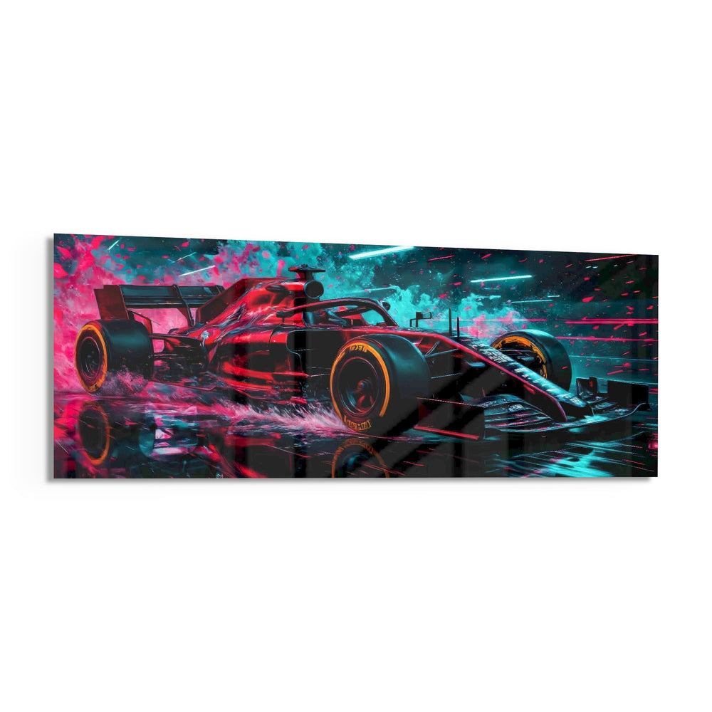A red single-seat open-wheel race car in side profile speeding through a spray of pink and teal neon light panoramic glass wall art F