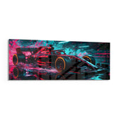 A red single-seat open-wheel race car in side profile speeding through a spray of pink and teal neon light panoramic glass wall art F