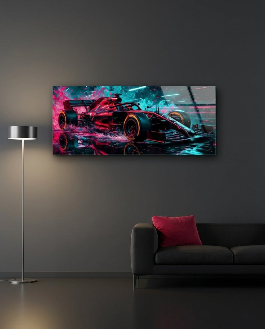 Crimson Racing Car Neon Splash Glass Wall Art (36"x14")