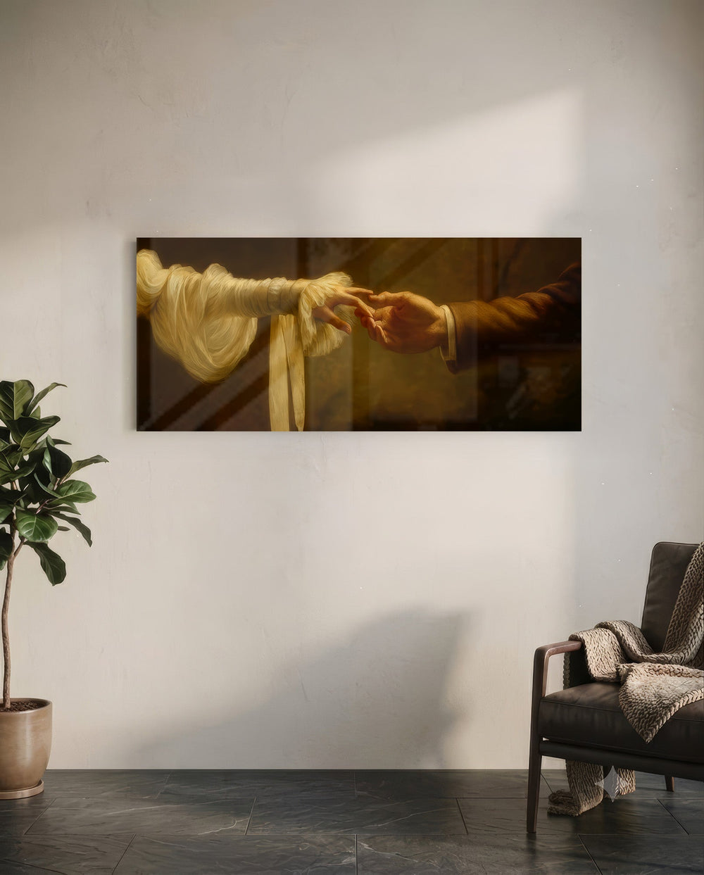 Two hands reaching toward each other in warm golden light, a painterly homage to the classical divine touch. panoramic glass wall art C