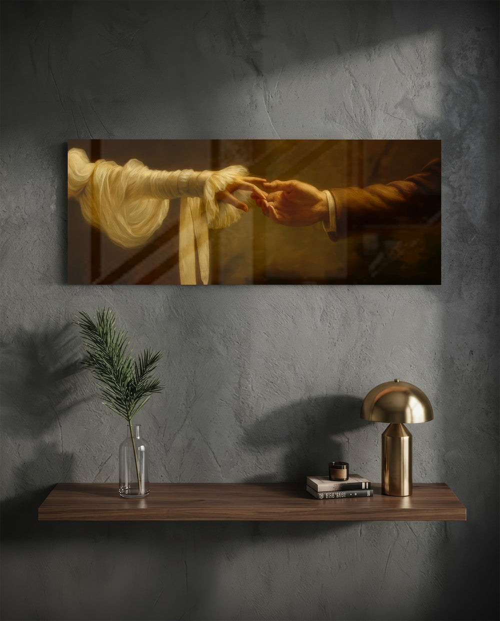 Two hands reaching toward each other in warm golden light, a painterly homage to the classical divine touch. panoramic glass wall art D