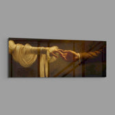 Two hands reaching toward each other in warm golden light, a painterly homage to the classical divine touch. panoramic glass wall art E