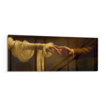 Two hands reaching toward each other in warm golden light, a painterly homage to the classical divine touch. panoramic glass wall art F
