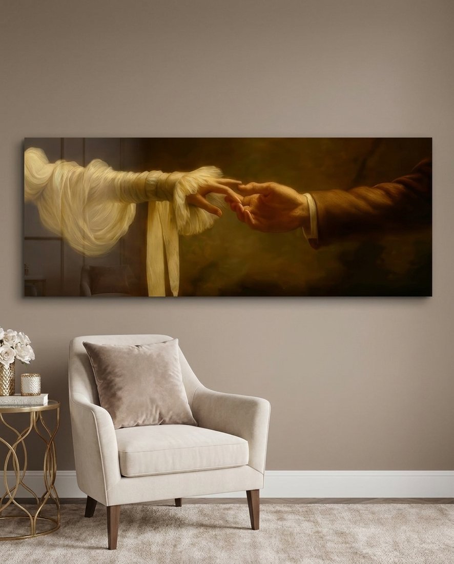 Golden Divine Touch Reaching Hands Glass Wall Art (36"x14")