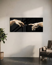 Two reaching hands on a black background with a buffering loading spinner glowing between their fingertips. panoramic glass wall art C