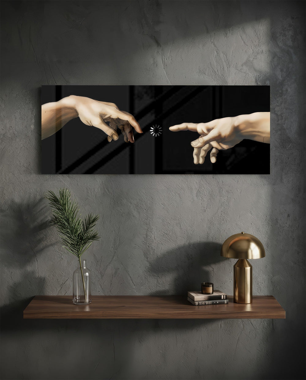 Two reaching hands on a black background with a buffering loading spinner glowing between their fingertips. panoramic glass wall art D