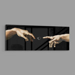 Two reaching hands on a black background with a buffering loading spinner glowing between their fingertips. panoramic glass wall art E