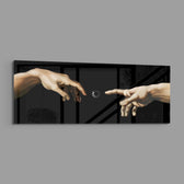 Two reaching hands on a black background with a buffering loading spinner glowing between their fingertips. panoramic glass wall art E