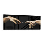 Two reaching hands on a black background with a buffering loading spinner glowing between their fingertips. panoramic glass wall art F