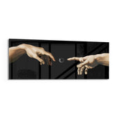 Two reaching hands on a black background with a buffering loading spinner glowing between their fingertips. panoramic glass wall art F