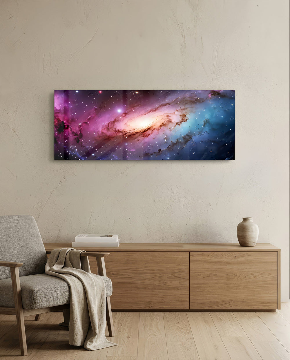 A glowing spiral galaxy swirling through clouds of pink, purple and blue across a star-filled cosmos. panoramic glass wall art A