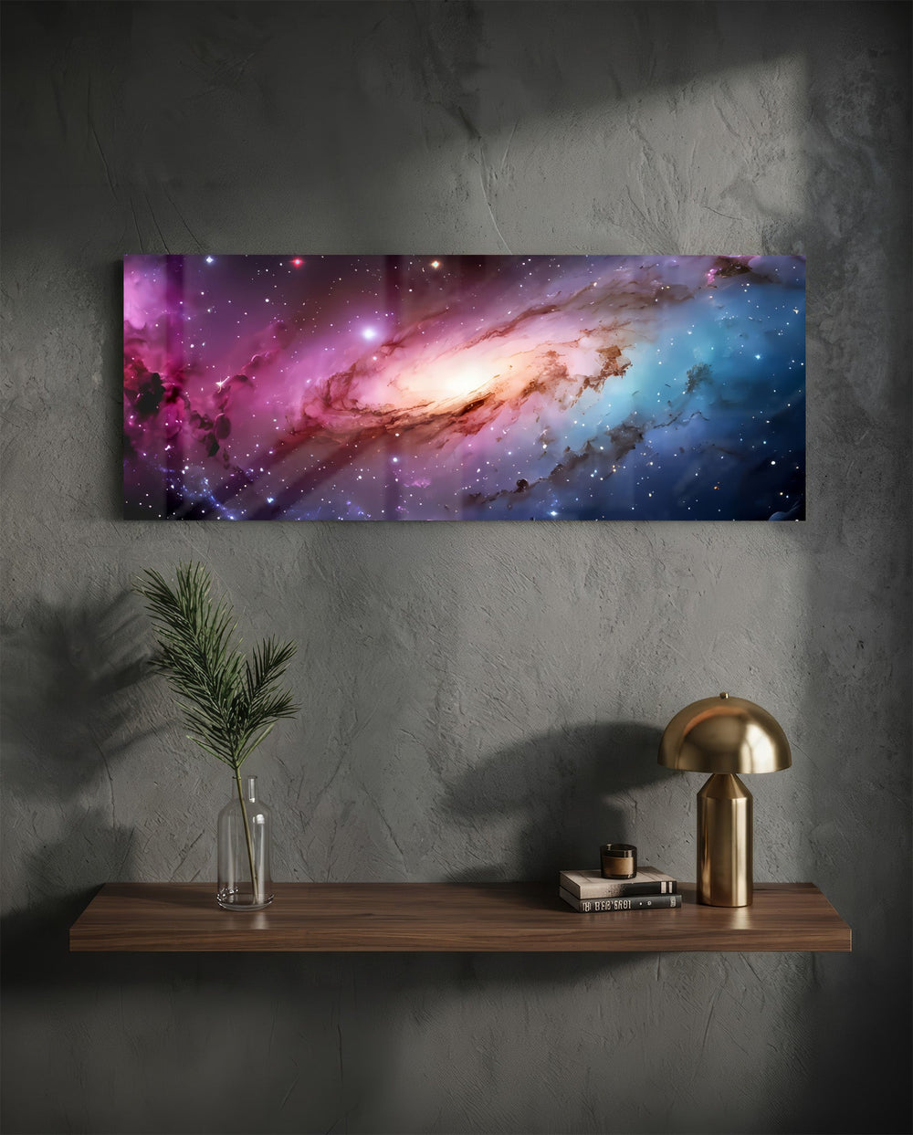 A glowing spiral galaxy swirling through clouds of pink, purple and blue across a star-filled cosmos. panoramic glass wall art D