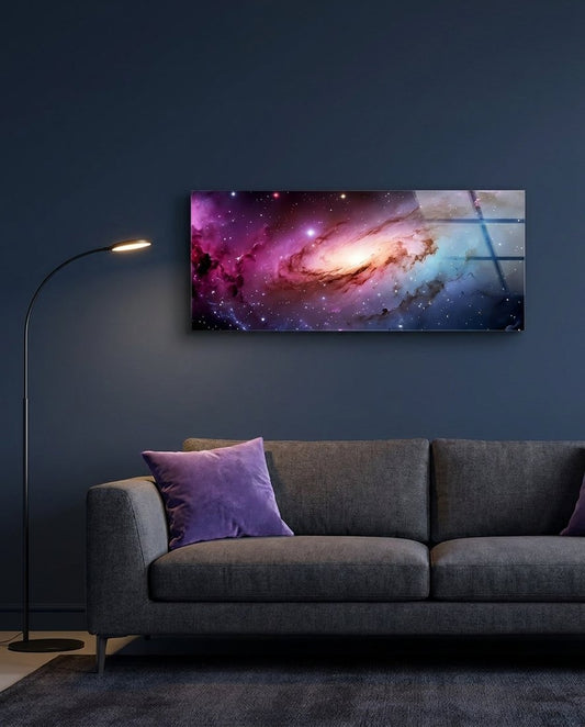 Pink Spiral Galaxy Nebula Glass Wall Art (36"x14")