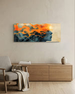 A woman's serene profile whose flowing hair dissolves into swirling orange flames against a deep teal ground. panoramic glass wall art A