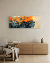 A woman's serene profile whose flowing hair dissolves into swirling orange flames against a deep teal ground. panoramic glass wall art A