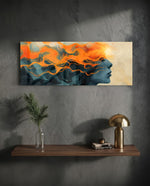 A woman's serene profile whose flowing hair dissolves into swirling orange flames against a deep teal ground. panoramic glass wall art D