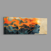 A woman's serene profile whose flowing hair dissolves into swirling orange flames against a deep teal ground. panoramic glass wall art E