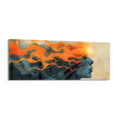 A woman's serene profile whose flowing hair dissolves into swirling orange flames against a deep teal ground. panoramic glass wall art F