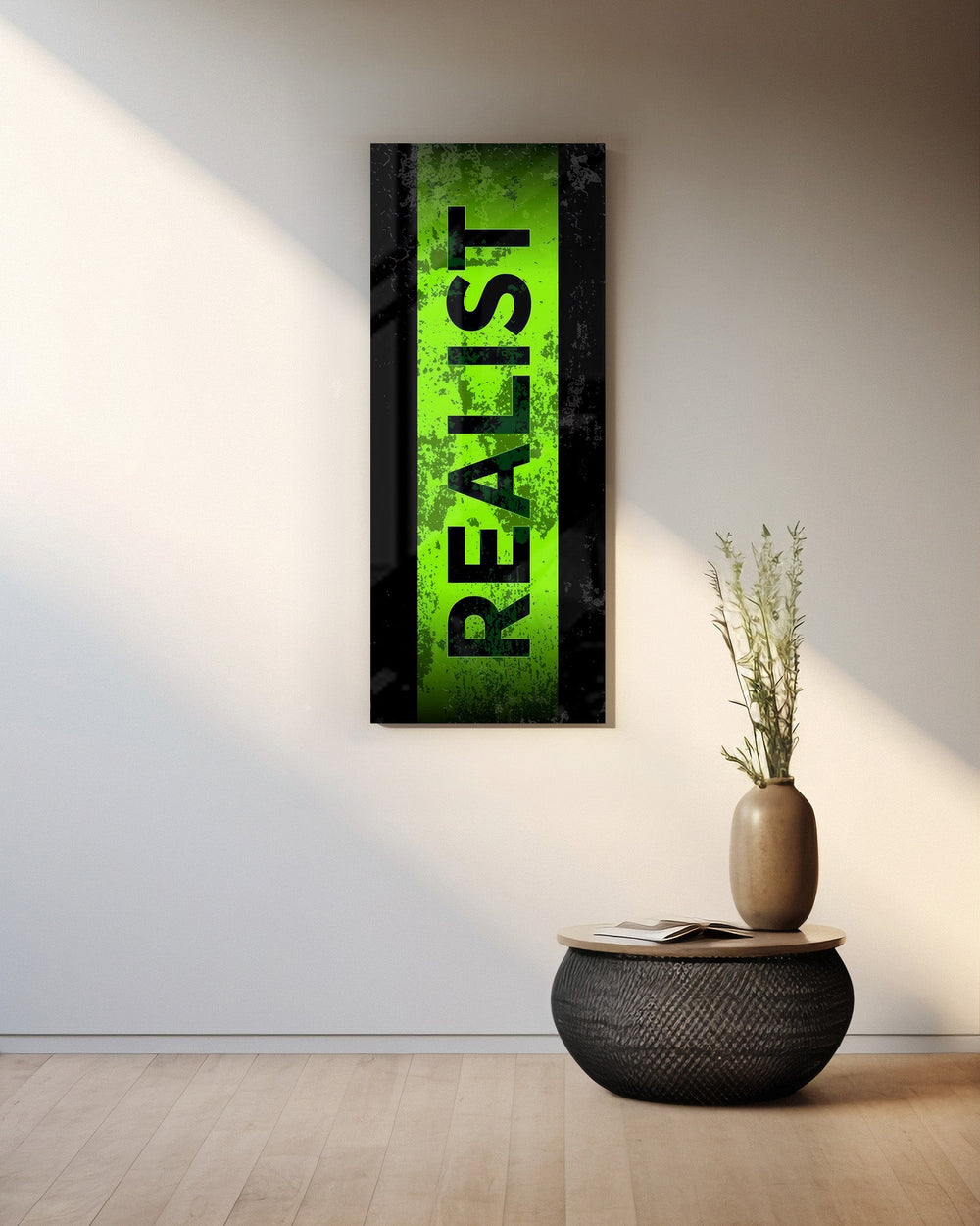 The single bold word "REALIST" in black over a distressed toxic-green stripe framed by black borders. panoramic glass wall art A