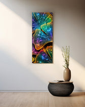 Fan-shaped ginkgo leaves glowing in neon rainbow colors, scattered with sparkling water droplets. panoramic glass wall art A