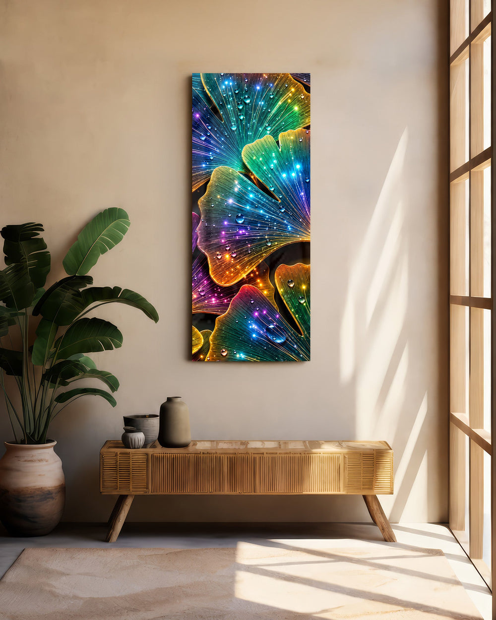 Rainbow Neon Ginkgo Leaves Glass Wall Art (36"x14")