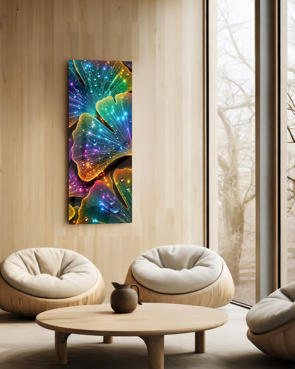 Fan-shaped ginkgo leaves glowing in neon rainbow colors, scattered with sparkling water droplets. panoramic glass wall art C