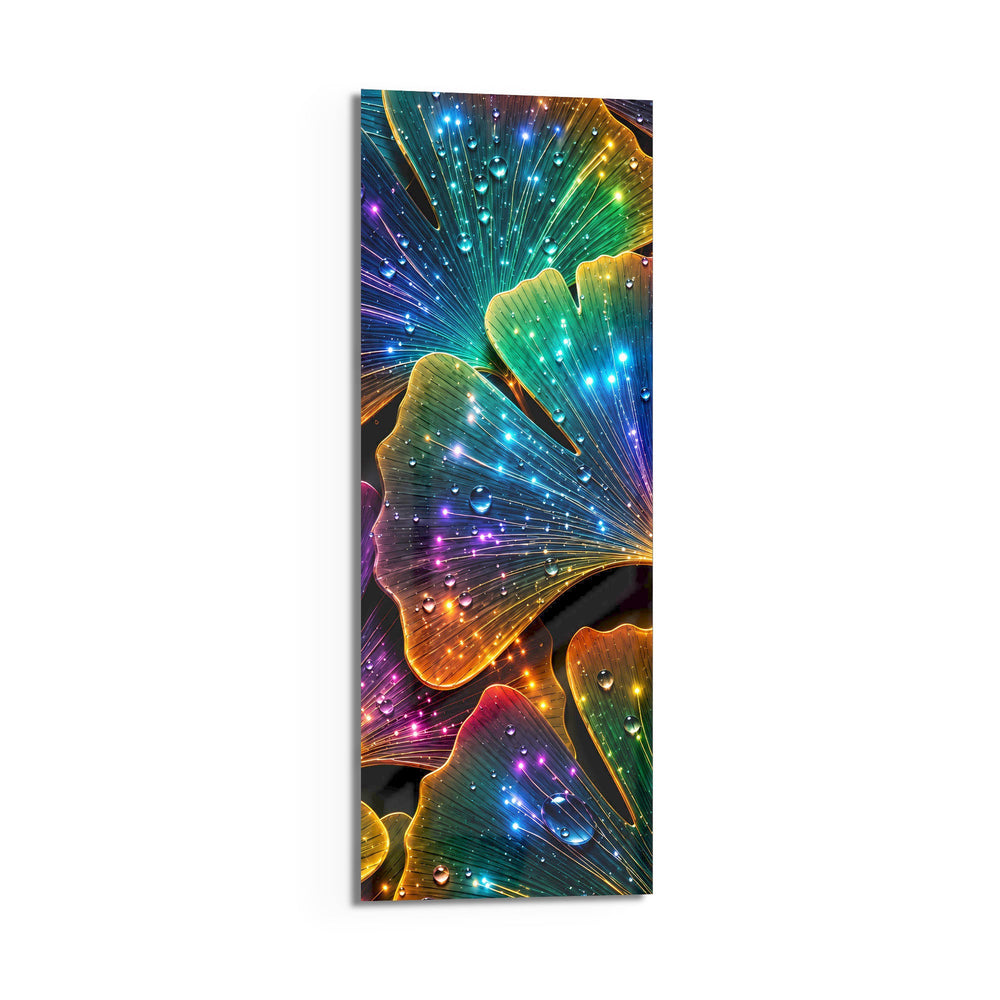 Fan-shaped ginkgo leaves glowing in neon rainbow colors, scattered with sparkling water droplets. panoramic glass wall art D