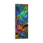 Fan-shaped ginkgo leaves glowing in neon rainbow colors, scattered with sparkling water droplets. panoramic glass wall art D