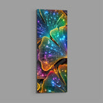 Fan-shaped ginkgo leaves glowing in neon rainbow colors, scattered with sparkling water droplets. panoramic glass wall art E