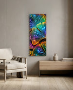 Fan-shaped ginkgo leaves glowing in neon rainbow colors, scattered with sparkling water droplets. panoramic glass wall art F