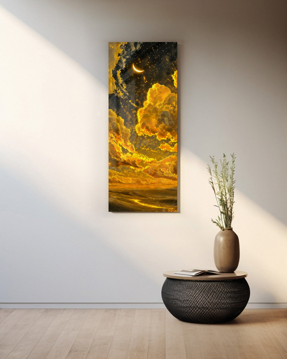 Billowing golden clouds beneath a crescent moon and starry sky over glowing rolling hills. panoramic glass wall art A