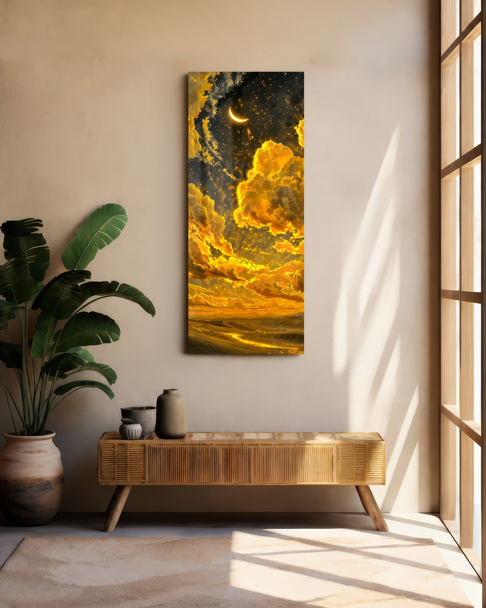 Golden Cloudy Sky Crescent Moon Glass Wall Art (36"x14")