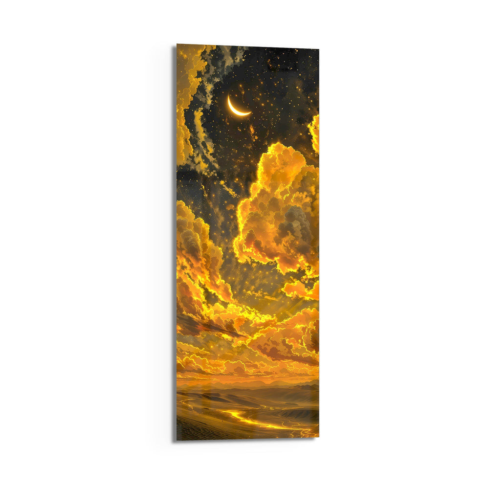 Billowing golden clouds beneath a crescent moon and starry sky over glowing rolling hills. panoramic glass wall art D