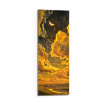 Billowing golden clouds beneath a crescent moon and starry sky over glowing rolling hills. panoramic glass wall art D