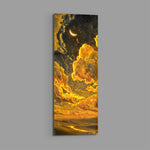 Billowing golden clouds beneath a crescent moon and starry sky over glowing rolling hills. panoramic glass wall art E