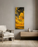 Billowing golden clouds beneath a crescent moon and starry sky over glowing rolling hills. panoramic glass wall art F
