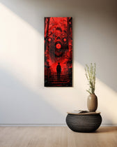 A lone silhouetted figure on shadowed stairs facing a towering many-eyed red monster with jagged teeth. panoramic glass wall art A