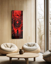 A lone silhouetted figure on shadowed stairs facing a towering many-eyed red monster with jagged teeth. panoramic glass wall art C
