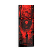 A lone silhouetted figure on shadowed stairs facing a towering many-eyed red monster with jagged teeth. panoramic glass wall art D