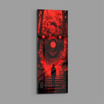 A lone silhouetted figure on shadowed stairs facing a towering many-eyed red monster with jagged teeth. panoramic glass wall art E