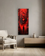 A lone silhouetted figure on shadowed stairs facing a towering many-eyed red monster with jagged teeth. panoramic glass wall art F