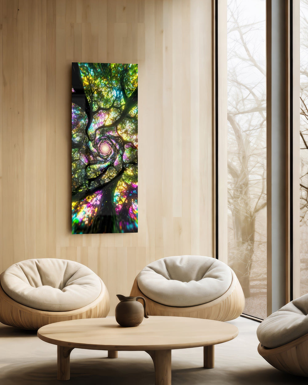 Kaleidoscopic upward view into a spiraling tree canopy rendered like glowing stained glass. panoramic glass wall art C