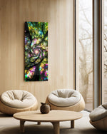 Kaleidoscopic upward view into a spiraling tree canopy rendered like glowing stained glass. panoramic glass wall art C
