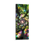 Kaleidoscopic upward view into a spiraling tree canopy rendered like glowing stained glass. panoramic glass wall art D