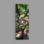 Kaleidoscopic upward view into a spiraling tree canopy rendered like glowing stained glass. panoramic glass wall art E